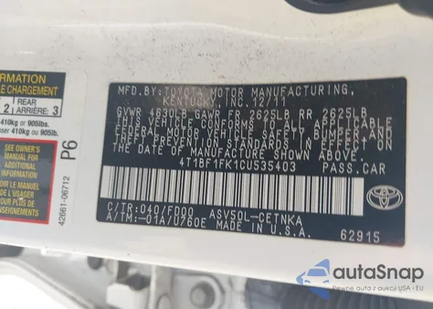 2012 Toyota Camry Le z USA, uszkodzony, nr VIN 4T1BF1FK1CU535403